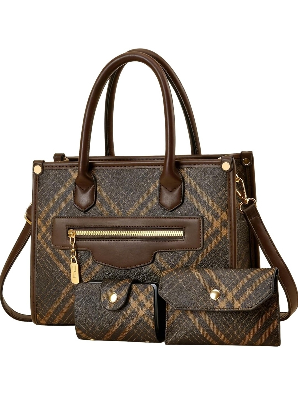 Brown Plaid Tote Bag Set - Designer-Style Women's Handbag